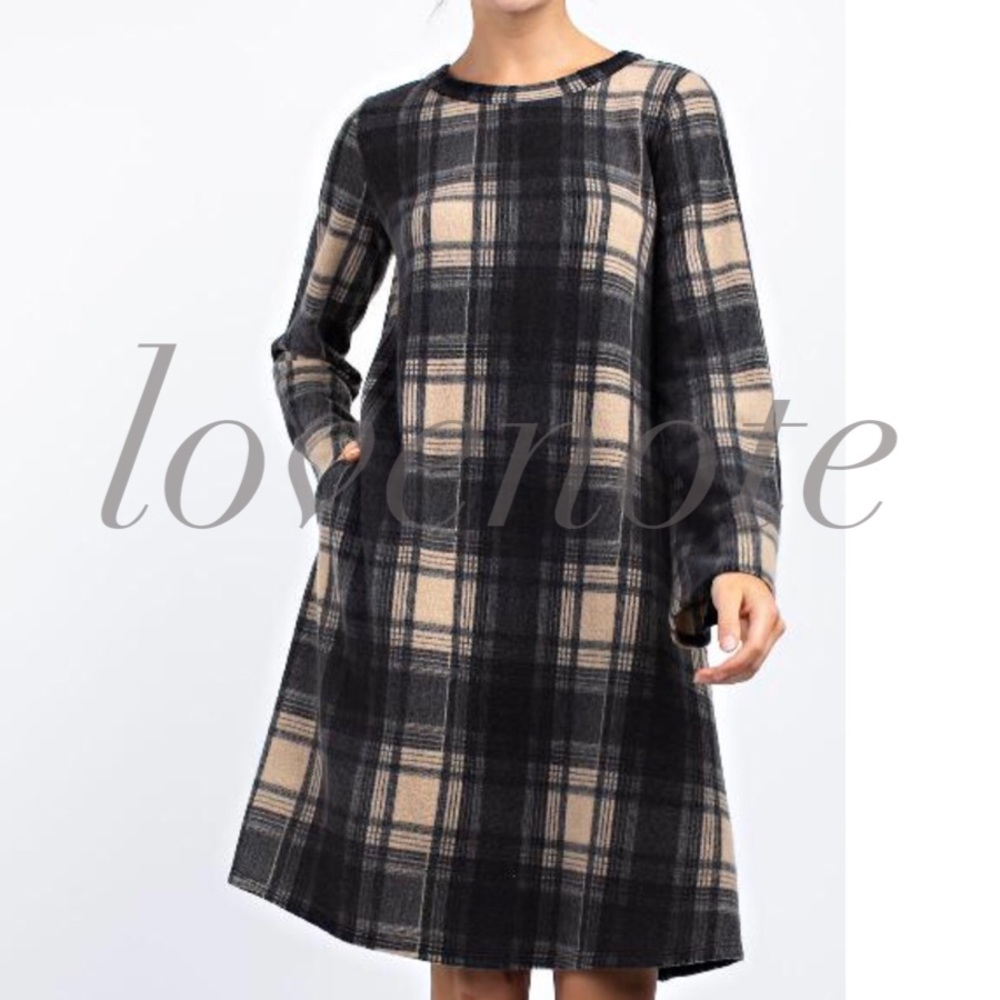 Softest Brushed Plaid Long Sleeve Dress Pockets - Picture 5 of 7
